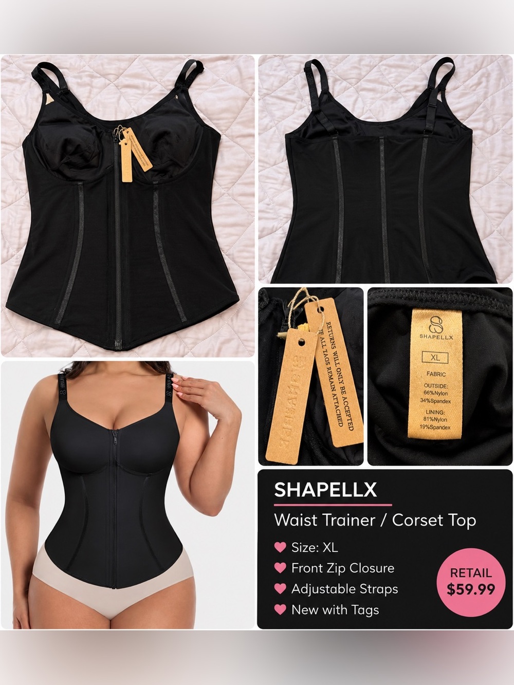 Shapellx Waist Trainer Corset Top Black XL NWT Front Zip Adjustable Straps